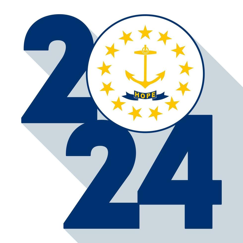 2024 long shadow banner with Rhode Island state flag inside. Vector illustration.