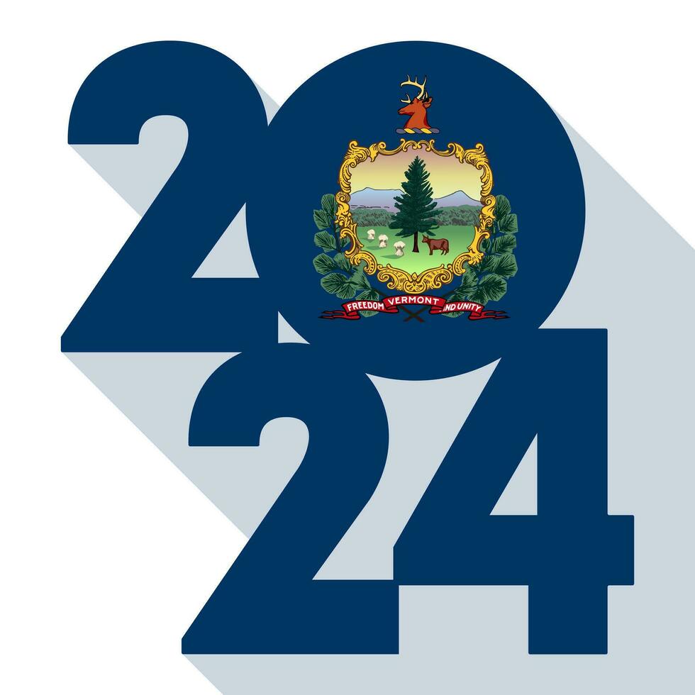 2024 long shadow banner with Vermont state flag inside. Vector illustration.