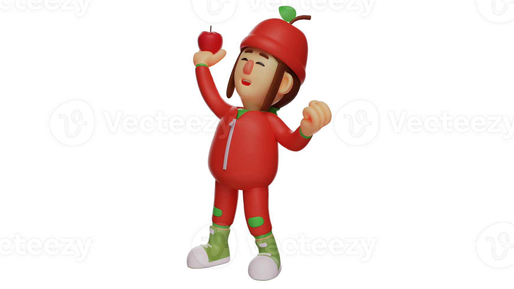 3D illustration. Excited Fruit Girl 3D Cartoon Character. The fruit girl raised her two clenched hands. The fruit girl held up the red fruit she got. Adorable fruit girl. 3D cartoon character png