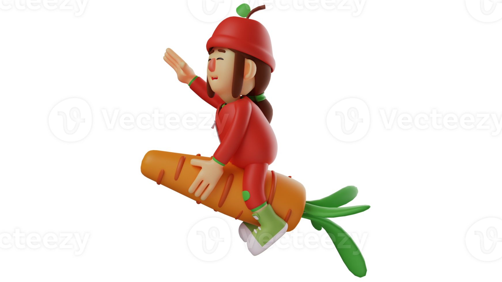 3D illustration. Beautiful Girl 3D Cartoon Character. Little girl wearing fruit costume. A cute girl rides a flying carrot and poses stretching her arms forward. 3D cartoon character png
