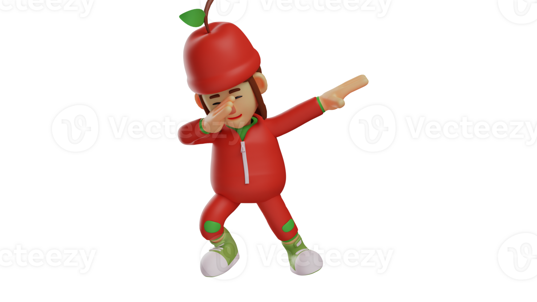 3d ilustração. enérgico fruta menina 3d desenho animado personagem. fruta menina mostra dab pose. fofa alunos vestem vermelho fruta fantasias e estão realizando às a frente. 3d desenho animado personagem png