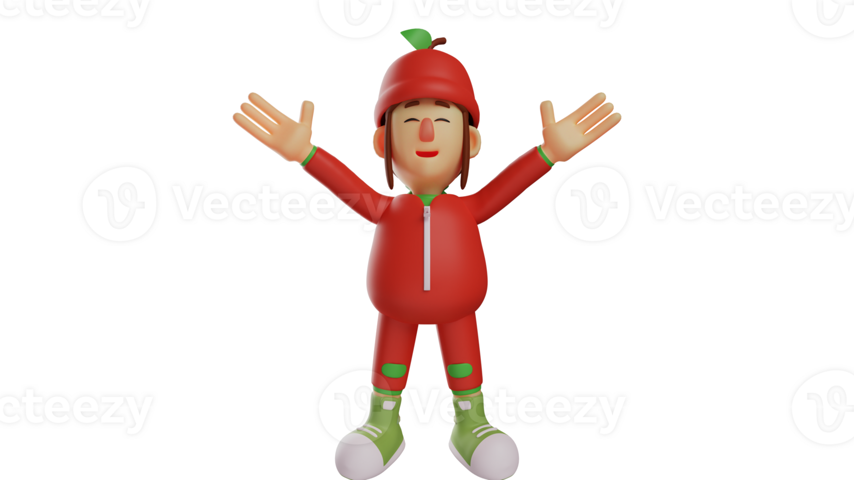 3D illustration. Fruit Girl 3D Cartoon Character. The fruit girl stood up while stretching her arms up. Cute little girl showing happy expression. 3D cartoon character png