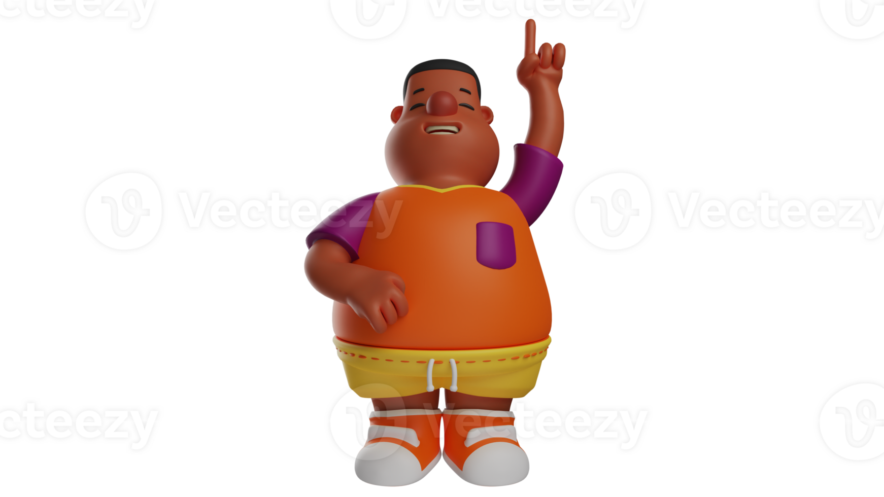 3D illustration. Strange boy 3D Cartoon Character. Kids is standing while pointing upward. The boy closed his eyes and showed a calm expression. 3D cartoon character png
