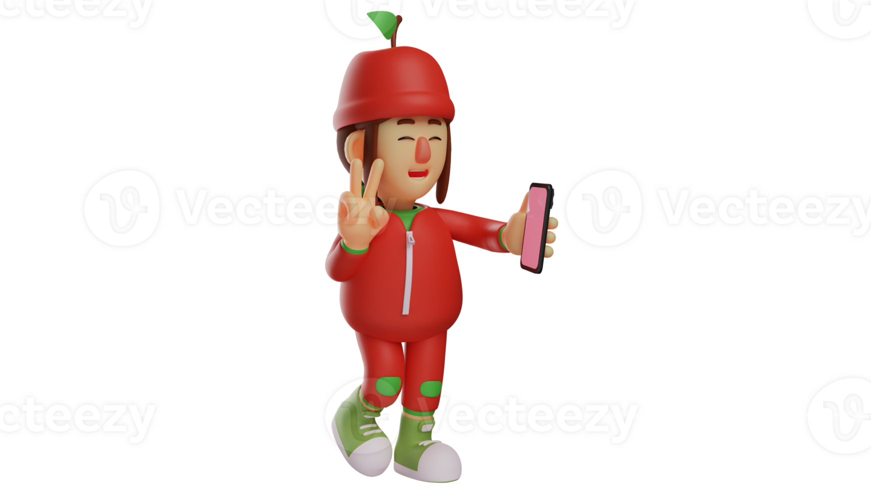 3D illustration. Cool Fruit Girl 3D Cartoon Character. Fruit girl is holding a cell phone and is talking to someone. Fruit girl smiling while taking photos on her cell phone. 3D cartoon character png