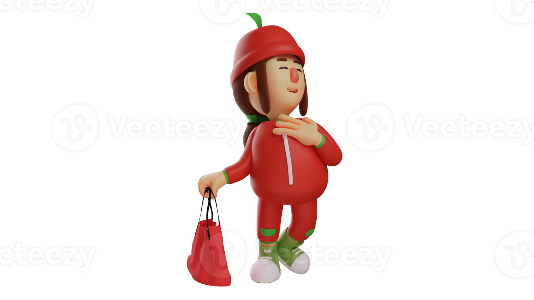 3D illustration. Adorable Girl 3D Cartoon Character. A petite girl wearing a fruit costume. Cute girl walking while carrying a red bag. Charming fruit girl. 3D cartoon character png