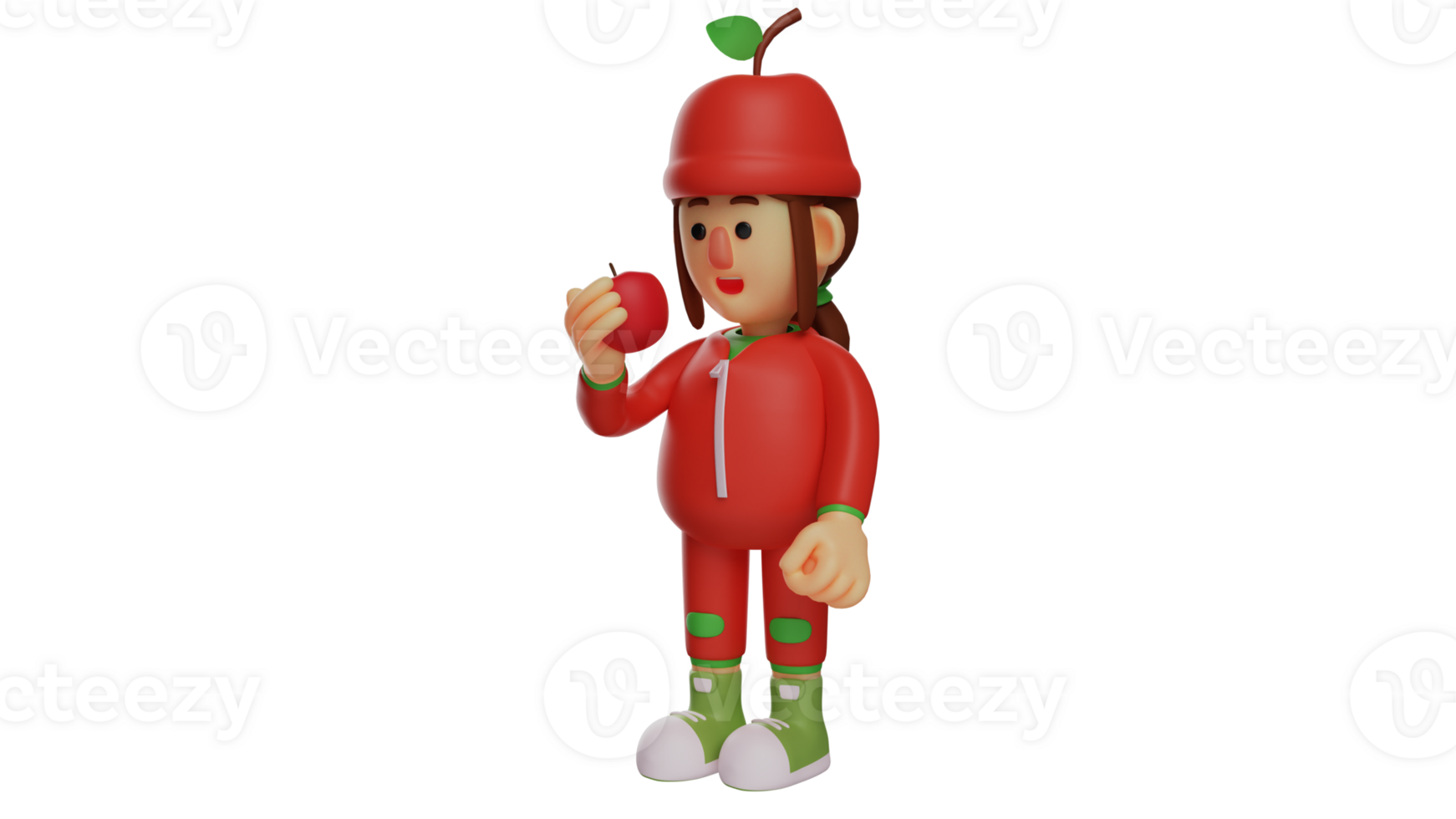 3D illustration. Sweet Fruit Girl 3D Cartoon Character. Little girl wearing a red fruit costume. The fruit girl is holding the fruit and looking at it carefully. 3D cartoon character png