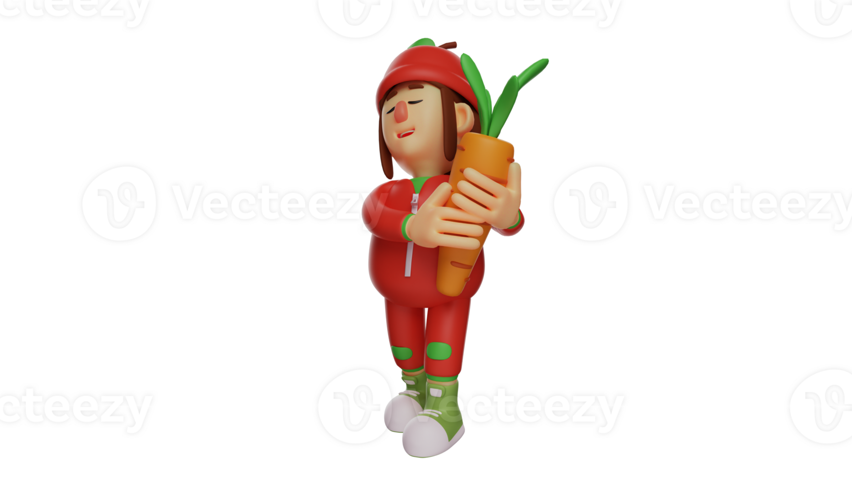 3D illustration. Diligent Fruit Girl 3D Cartoon Character. The fruit girl stands while hugging a big carrot from her garden. Adorable little girl smiles warmly. 3D cartoon character png