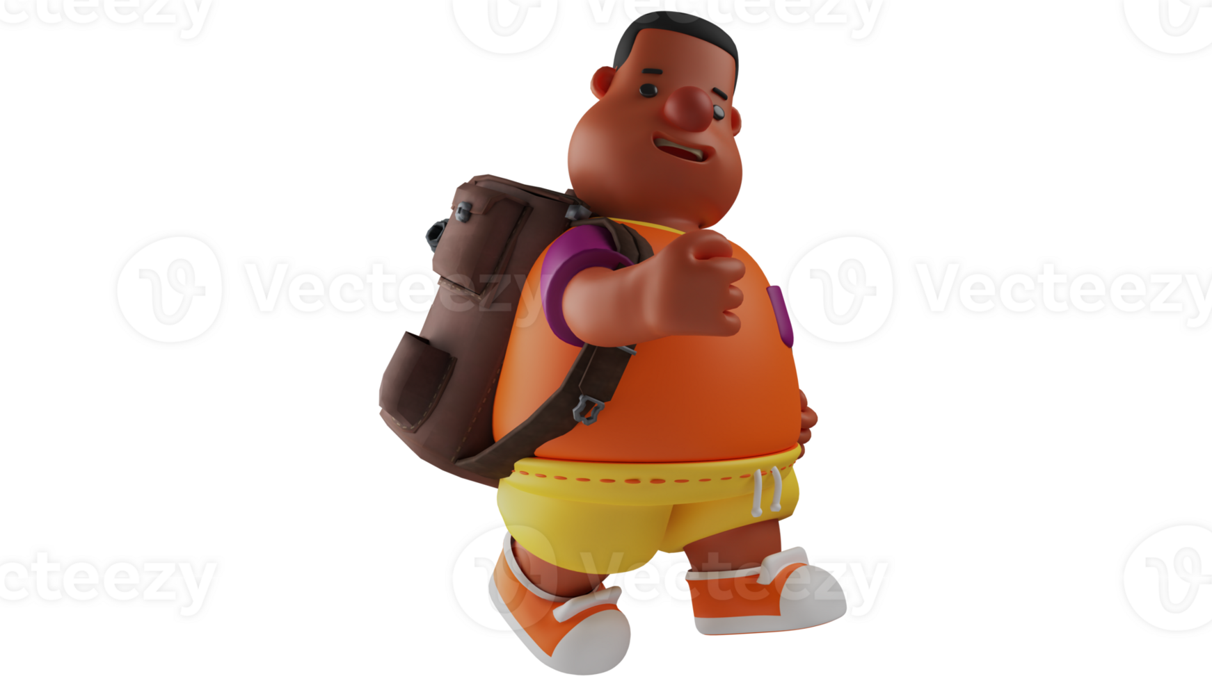 3D illustration. Fat Boy 3D Cartoon Character. Chubby, brown-skinned students look charming. Diligent student walk to school. Cool student walking and smiling happily. 3D cartoon character png