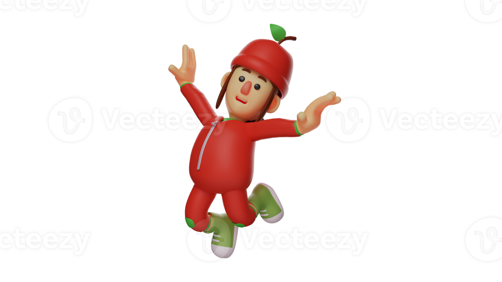 3D illustration. Fruit Girl 3D Cartoon Character. Cheerful fruit girl. Student wearing red fruit costume and carrying a backpack. Little girl jumping cheerfully. 3D cartoon character png