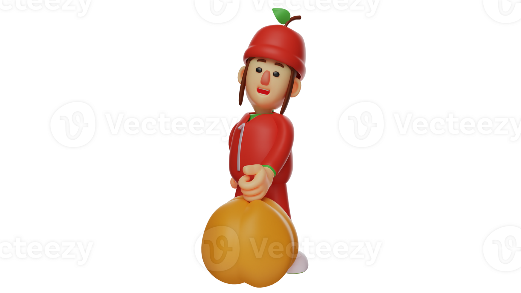 3D illustration. Gardener 3D Cartoon Character. Little girl who diligently tends her garden. Girl is harvesting pumpkins. Girl wearing a fruit costume and carrying a big pumpkin. 3D cartoon character png