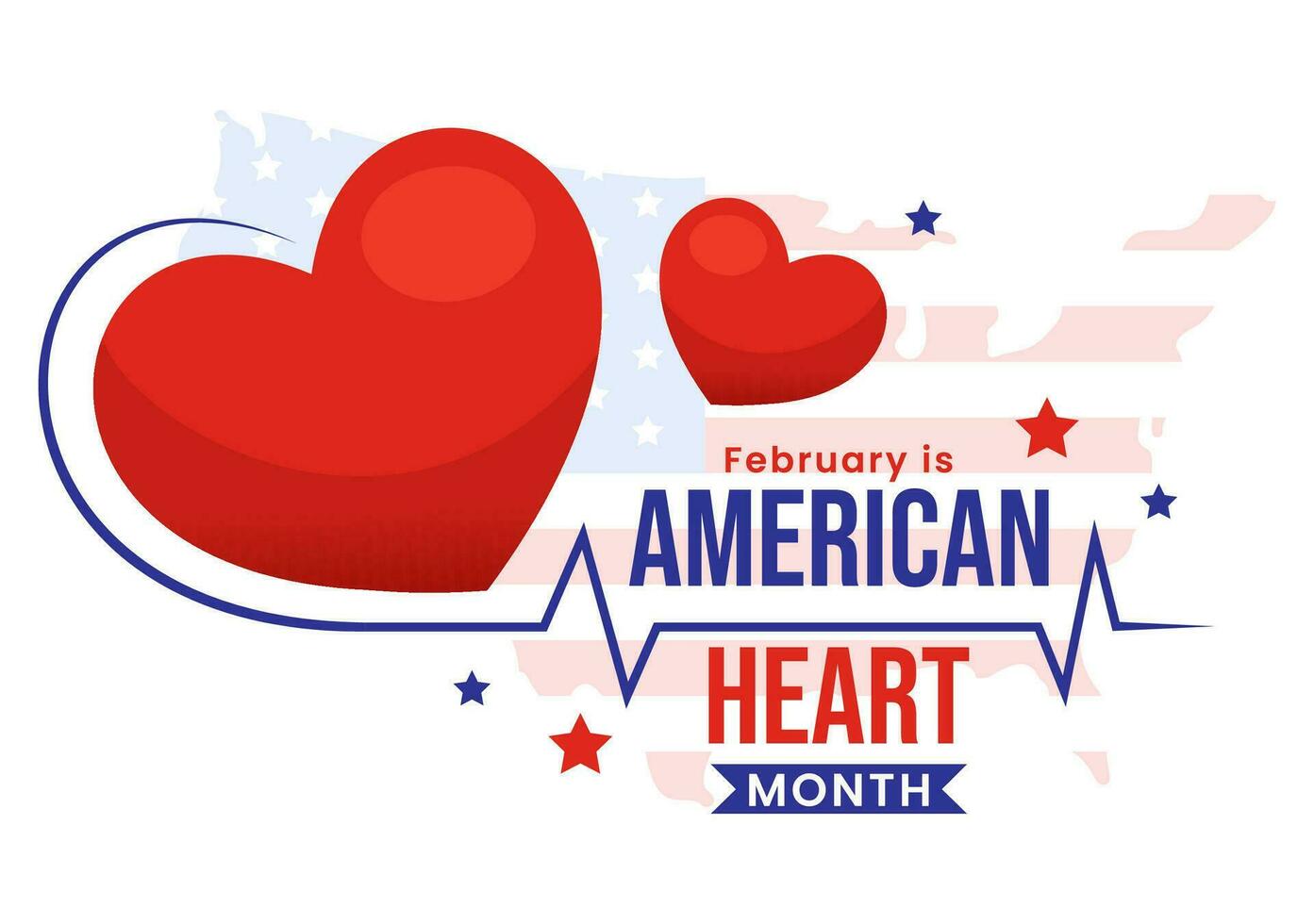 February is American Heart Month Vector Illustration with USA Flag and Red Love for Healthy in Flat Cartoon Background Design