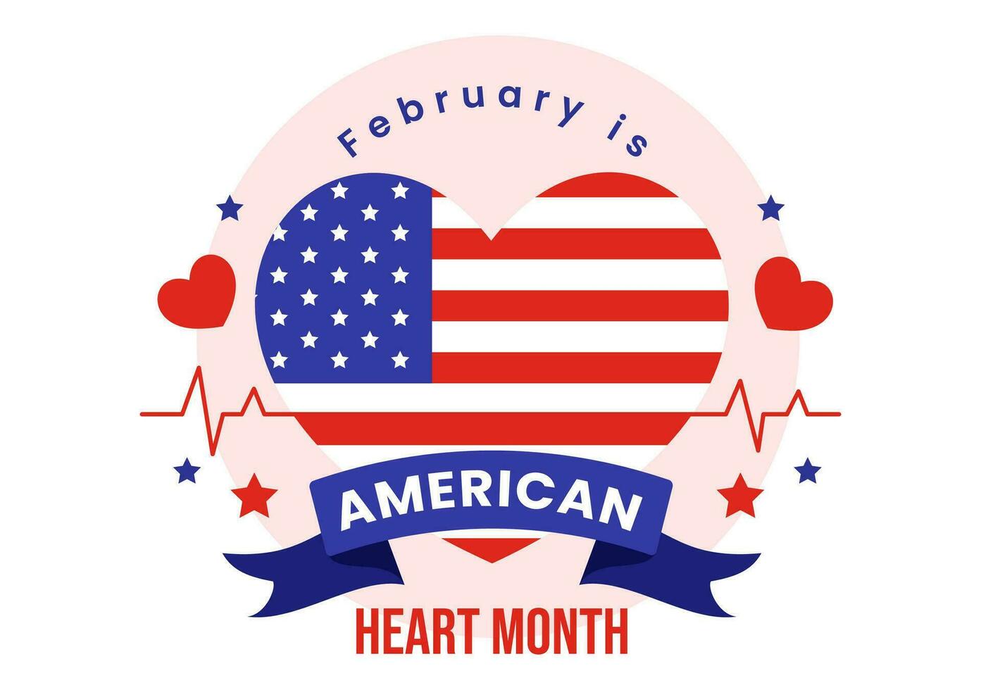 February is American Heart Month Vector Illustration with USA Flag and Red Love for Healthy in Flat Cartoon Background Design