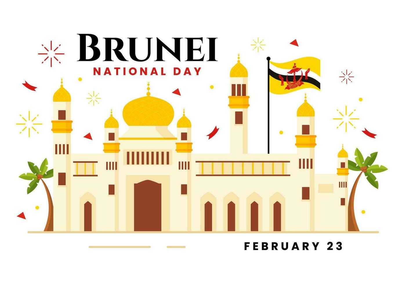 Happy Brunei Darussalam National Day Vector Illustration on 23 February with Waving Flag in Patriotic Holiday Flat Cartoon Background Design