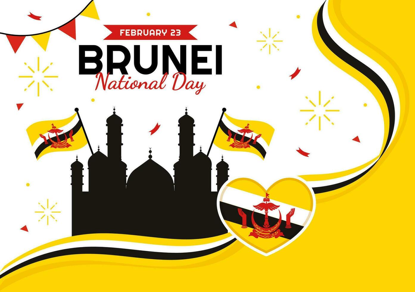 Happy Brunei Darussalam National Day Vector Illustration on 23 February with Waving Flag in Patriotic Holiday Flat Cartoon Background Design