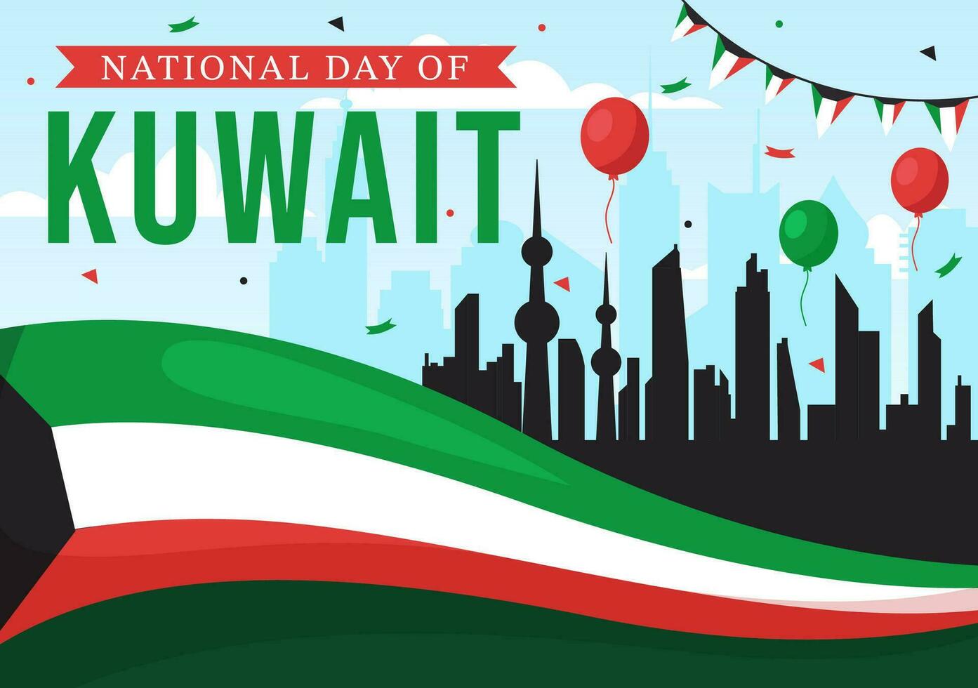 National Kuwait Day Vector Illustration on February 25th with Landmark, Waving Flag and Independence Celebration in Flat Cartoon Background