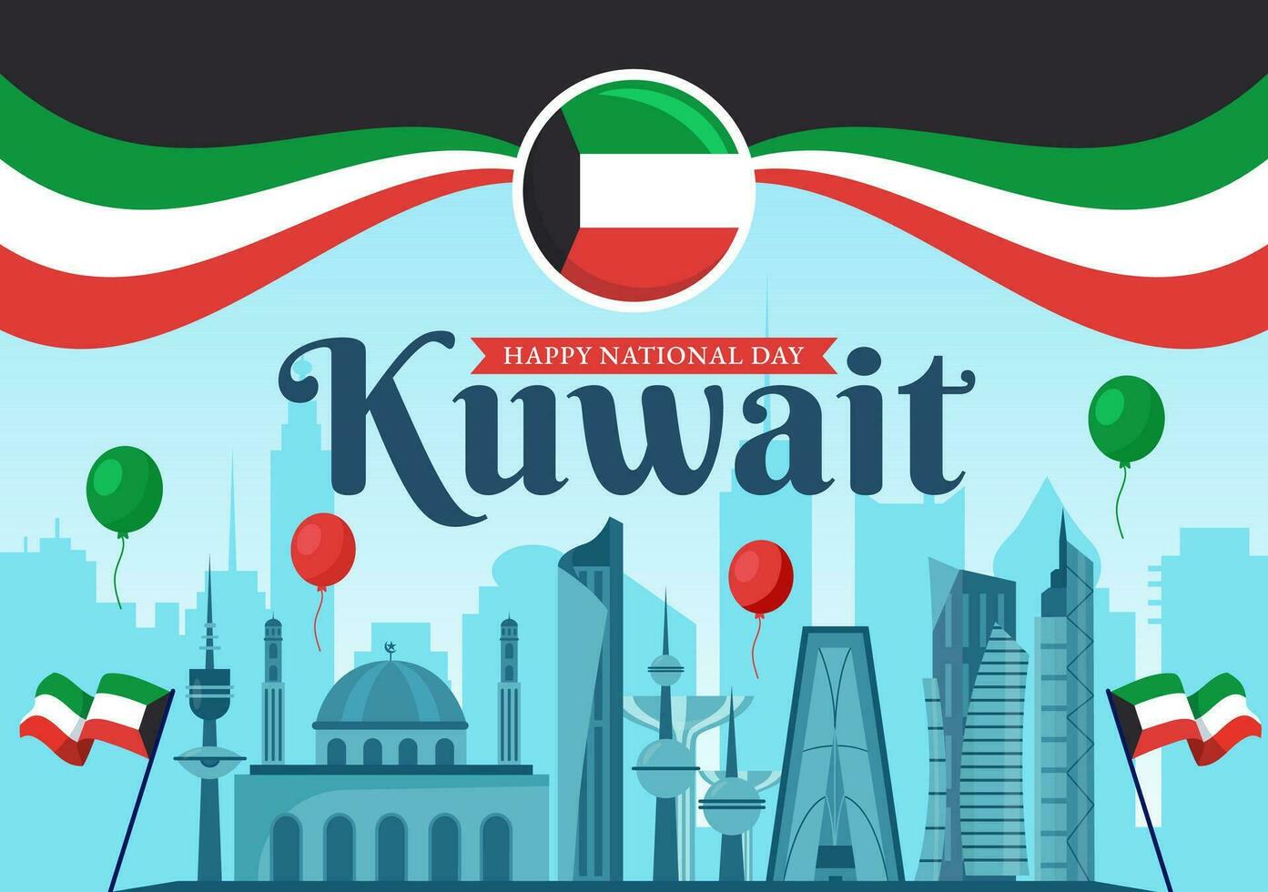 nacional Kuwait día vector ilustración en febrero 25 con punto de referencia, ondulación bandera y independencia celebracion en plano dibujos animados antecedentes