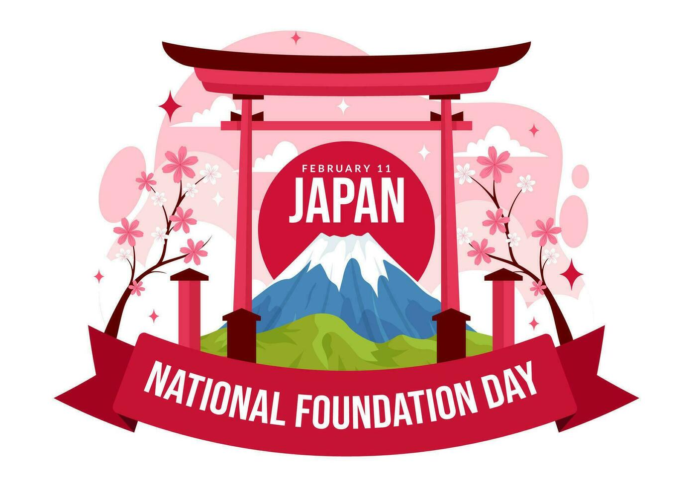 Happy Japan National Foundation Day Vector Illustration on February 11 with Famous Japanese Landmarks and Flag in Flat Kids Cartoon Background