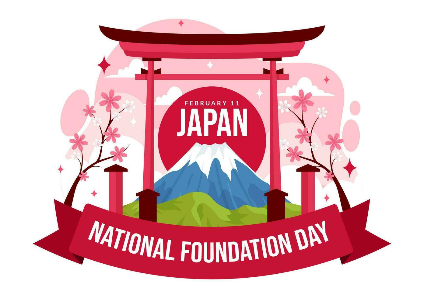 contento Japón nacional Fundación día vector ilustración en febrero 11 con famoso japonés puntos de referencia y bandera en plano niños dibujos animados antecedentes