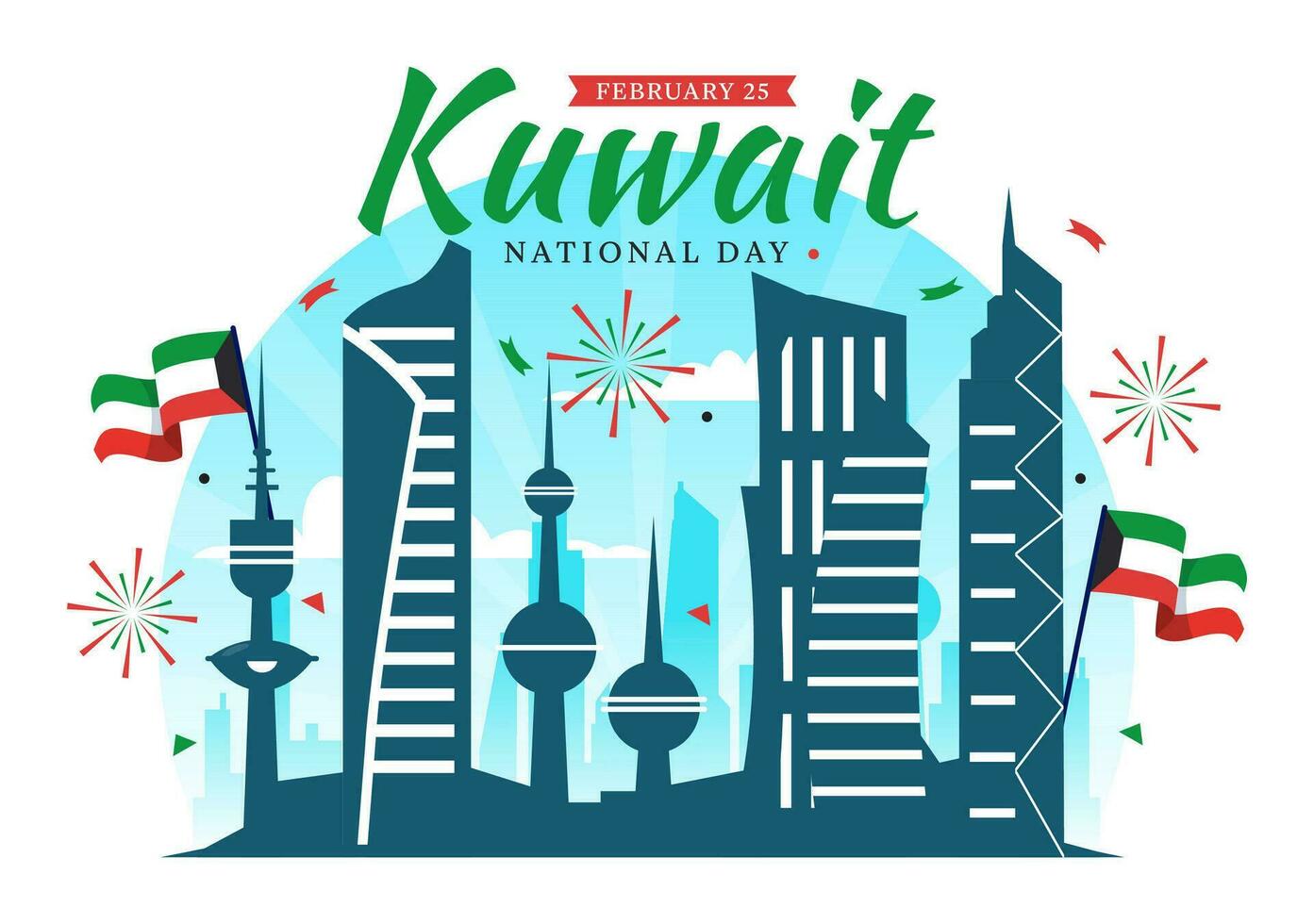 nacional Kuwait día vector ilustración en febrero 25 con punto de referencia, ondulación bandera y independencia celebracion en plano dibujos animados antecedentes