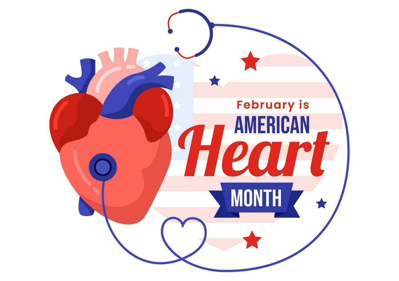 February is American Heart Month Vector Illustration with USA Flag and Red Love for Healthy in Flat Cartoon Background Design