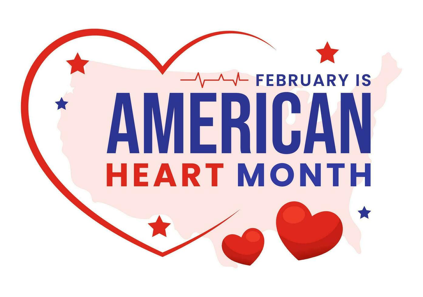 February is American Heart Month Vector Illustration with USA Flag and Red Love for Healthy in Flat Cartoon Background Design