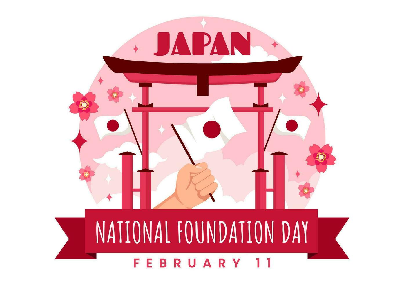 contento Japón nacional Fundación día vector ilustración en febrero 11 con famoso japonés puntos de referencia y bandera en plano niños dibujos animados antecedentes