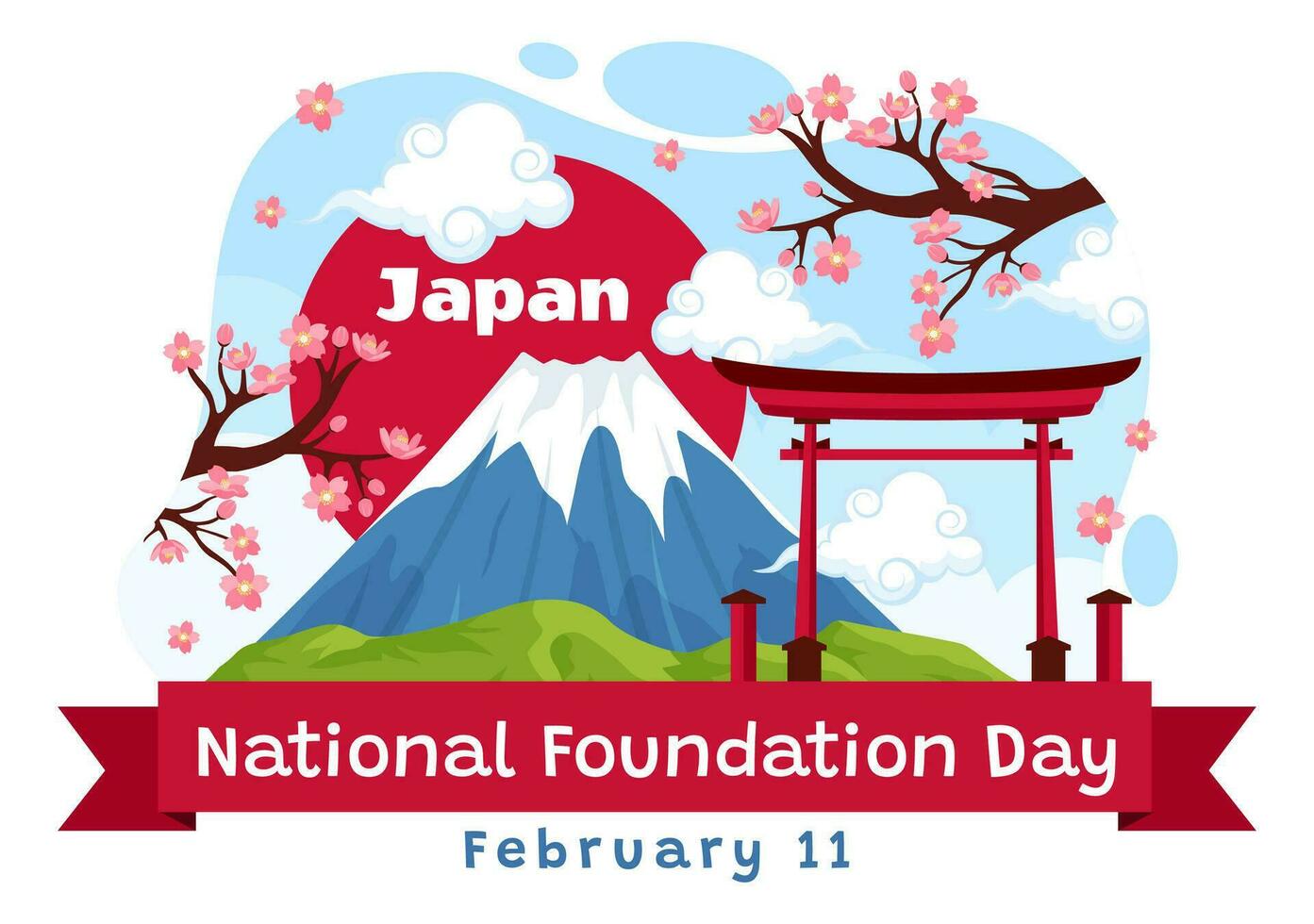 contento Japón nacional Fundación día vector ilustración en febrero 11 con famoso japonés puntos de referencia y bandera en plano niños dibujos animados antecedentes