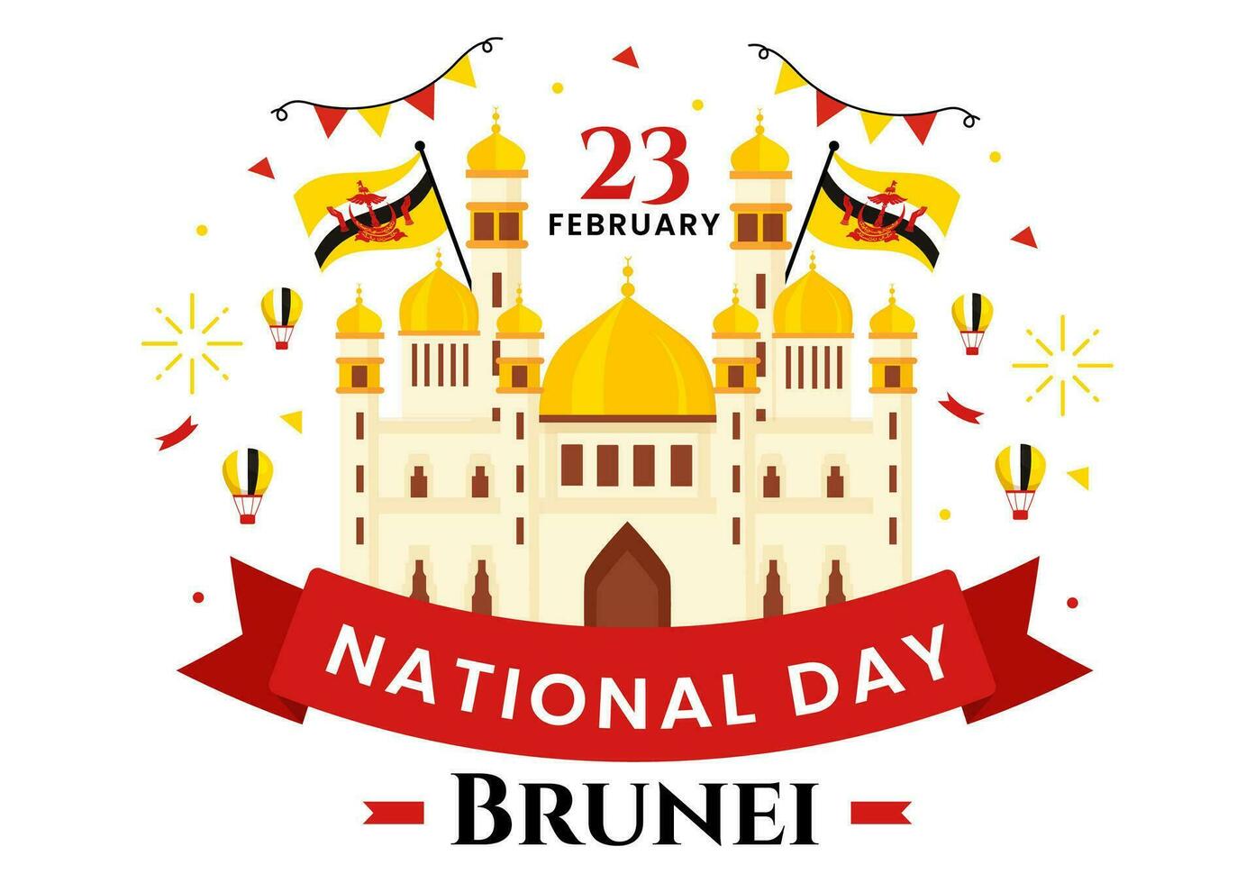 Happy Brunei Darussalam National Day Vector Illustration on 23 February with Waving Flag in Patriotic Holiday Flat Cartoon Background Design