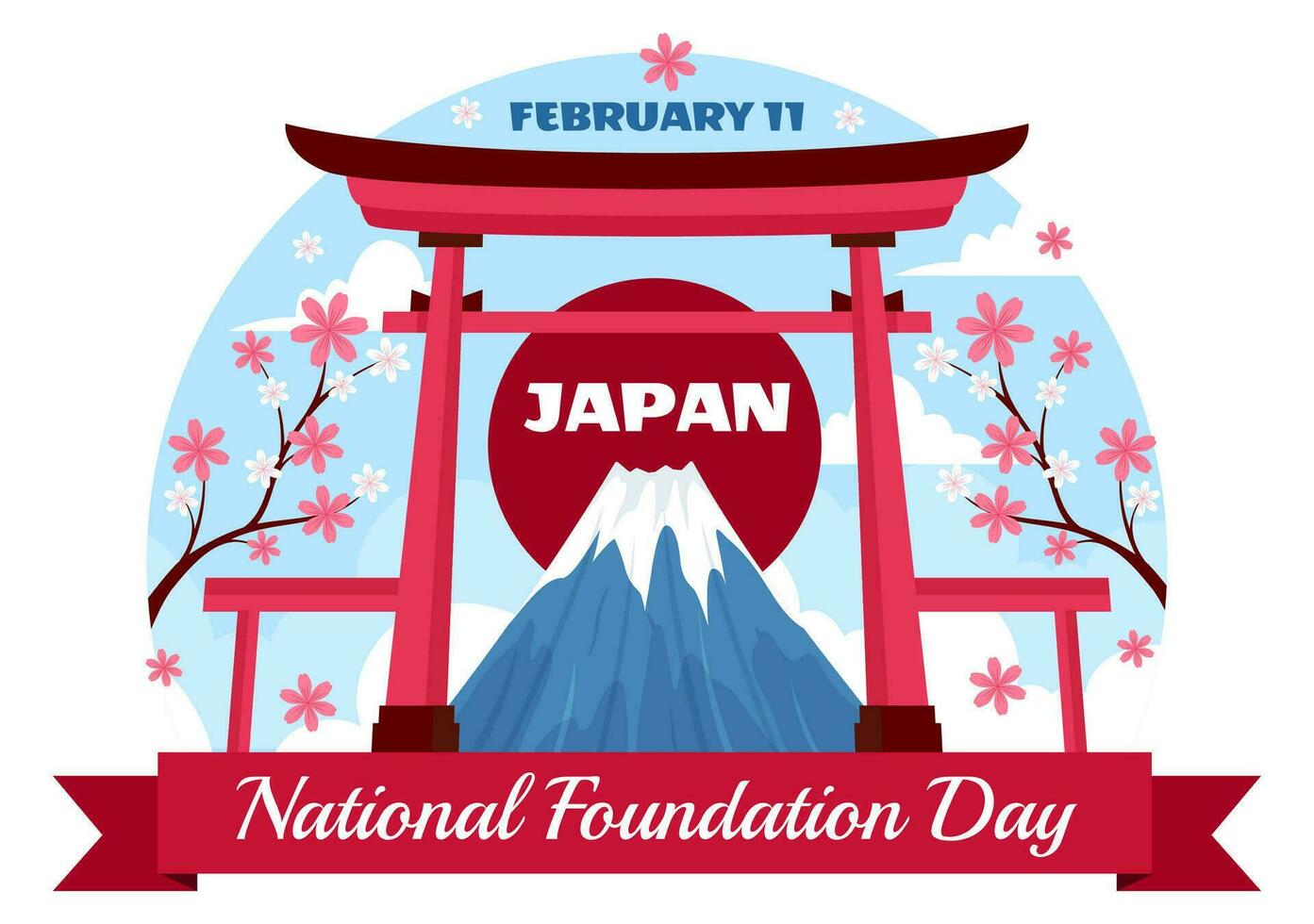 contento Japón nacional Fundación día vector ilustración en febrero 11 con famoso japonés puntos de referencia y bandera en plano niños dibujos animados antecedentes