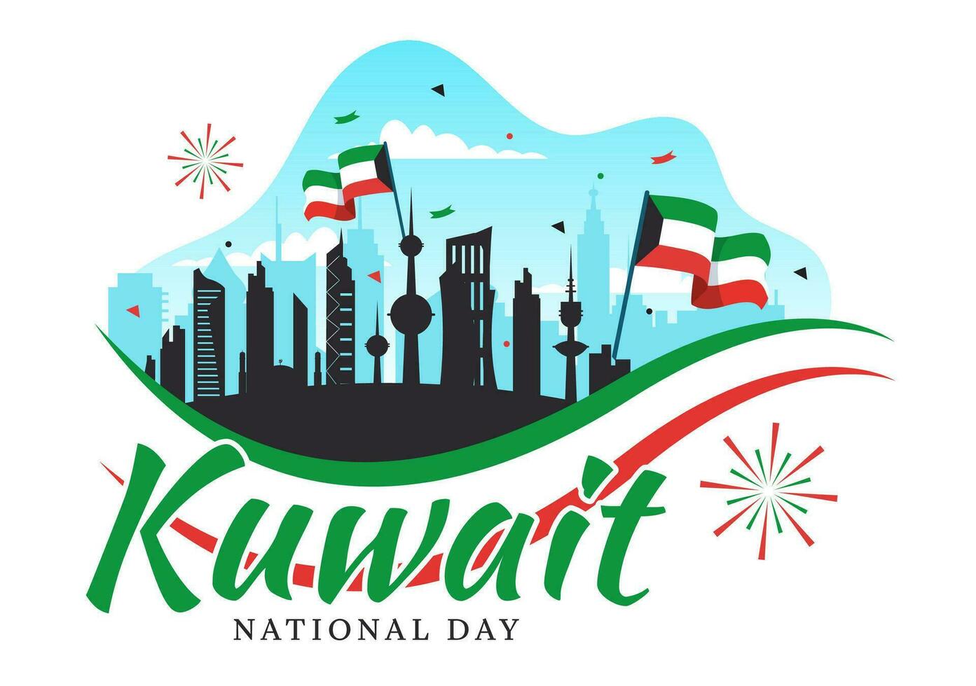 National Kuwait Day Vector Illustration on February 25th with Landmark, Waving Flag and Independence Celebration in Flat Cartoon Background