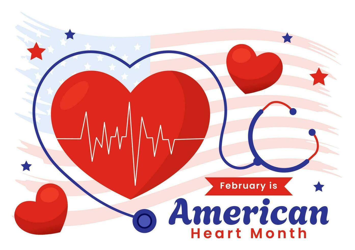 February is American Heart Month Vector Illustration with USA Flag and Red Love for Healthy in Flat Cartoon Background Design