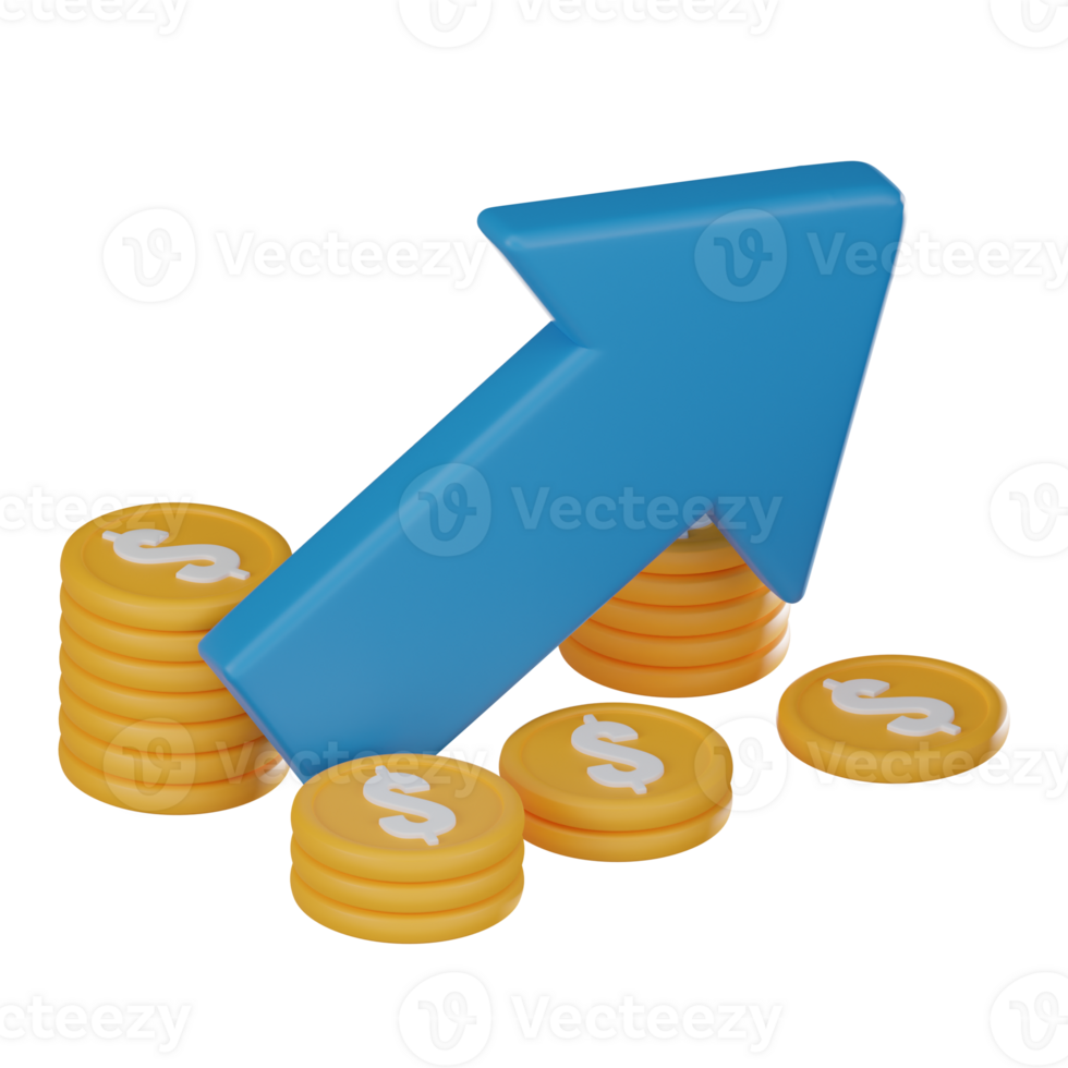 Symbolizing Financial Prosperity and Investment Opportunities, Arrow and Coins Icon for Financial Growth. 3D render. png
