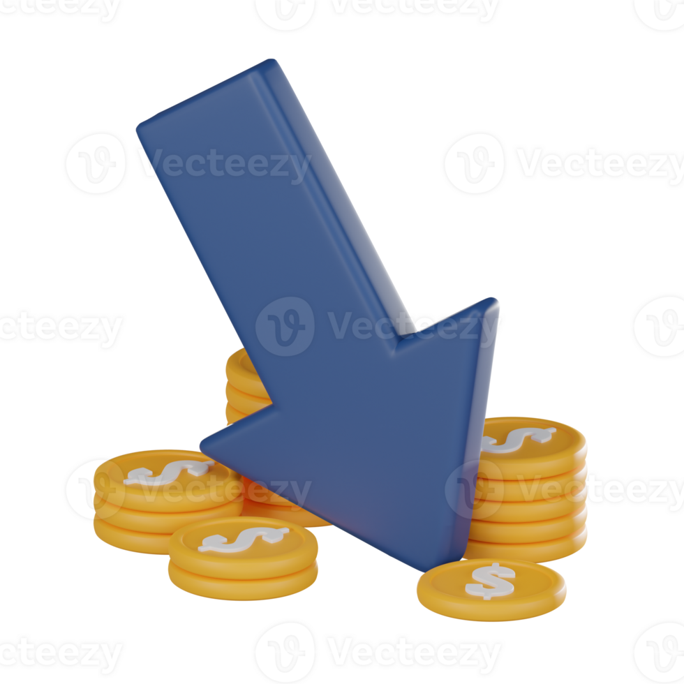 financier défis et économique fluctuation, vers le bas La Flèche et dollar signe icône. 3d rendre. png