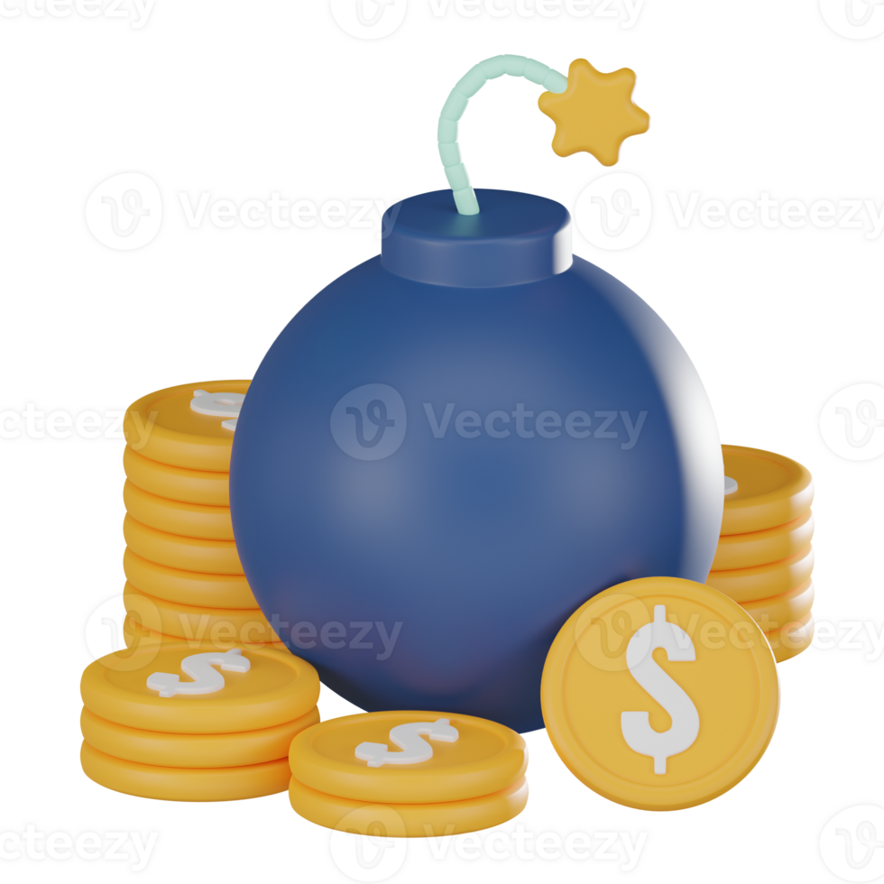 symbolisant financier obligations, argent sac et bombe icône pour dette conscience. 3d rendre. png