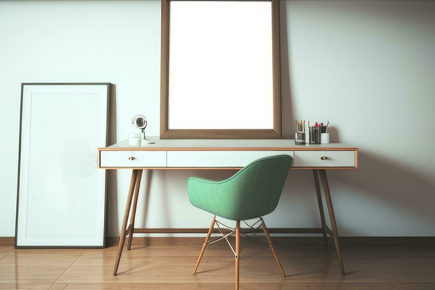 ai generative Interior of modern office with white walls, tiled floor, wooden computer table with green chair and horizontal mock up poster frame. 3d rendering photo