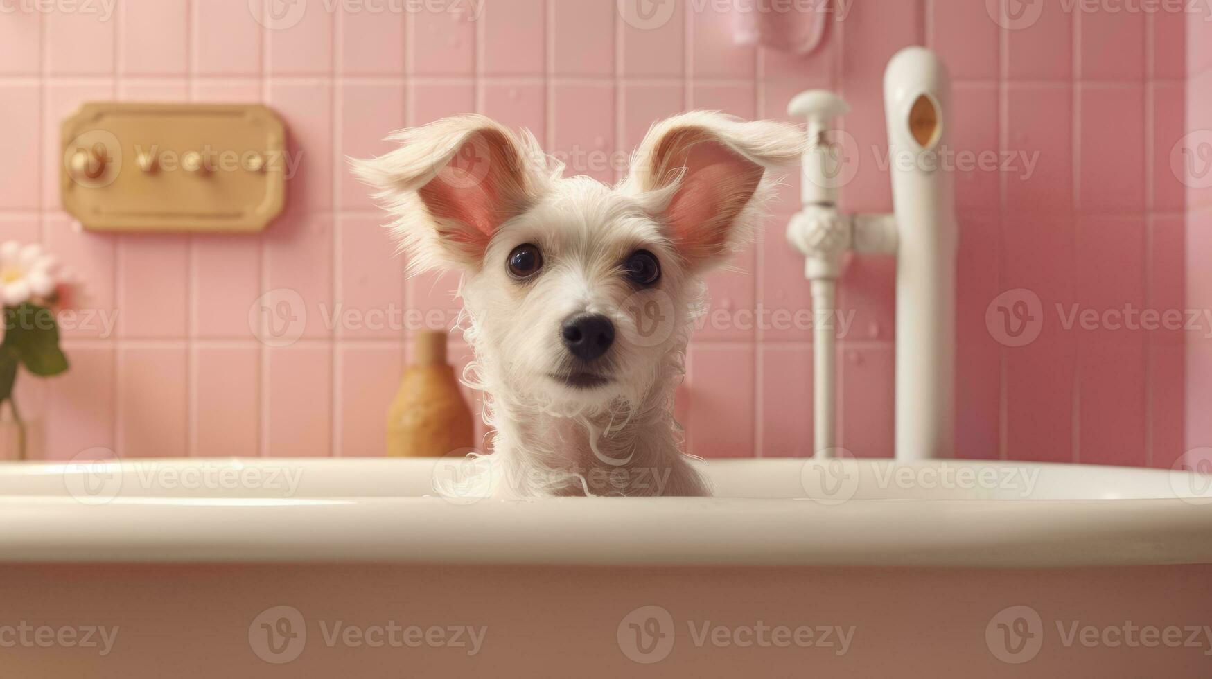 ai generative Cute little dog taking a bath in a pink bathroom. 3d rendering photo