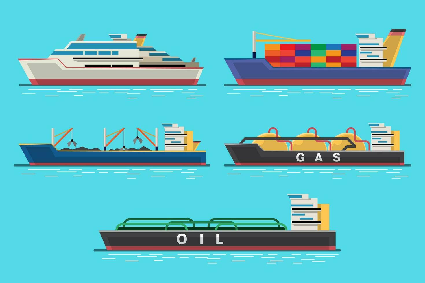 Various Types of Ship, Side View Isolated. vector