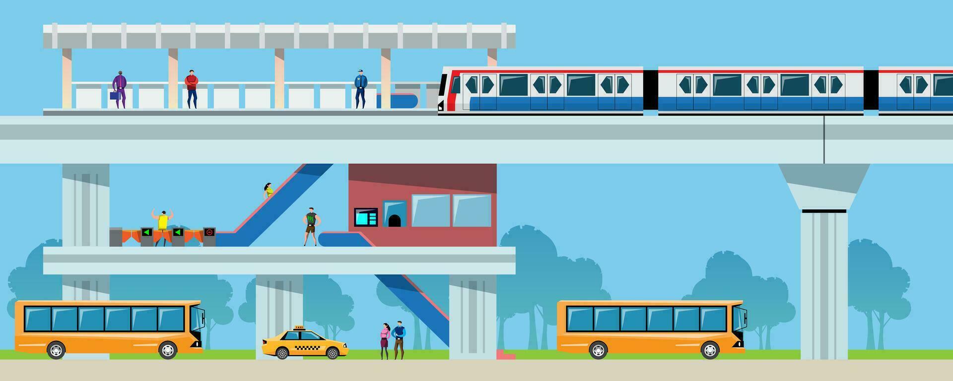Mass Transport In The City, Taxi Bus and Skytrain. vector