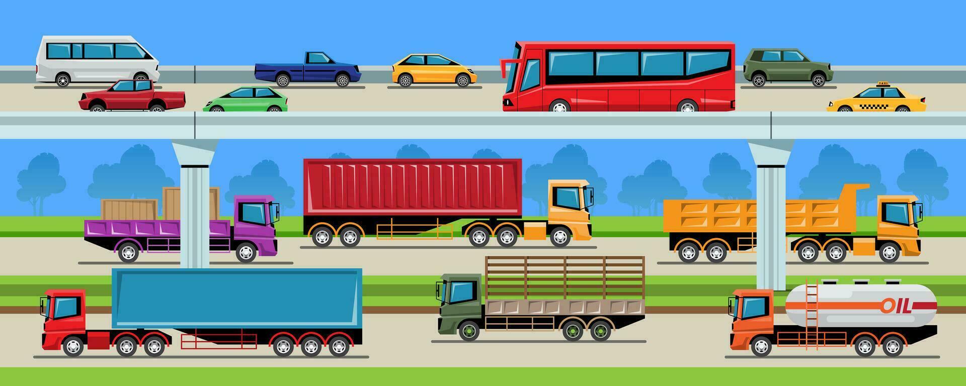 Transport Vehicle In The City. Car Bus Van Truck and Trailer. vector