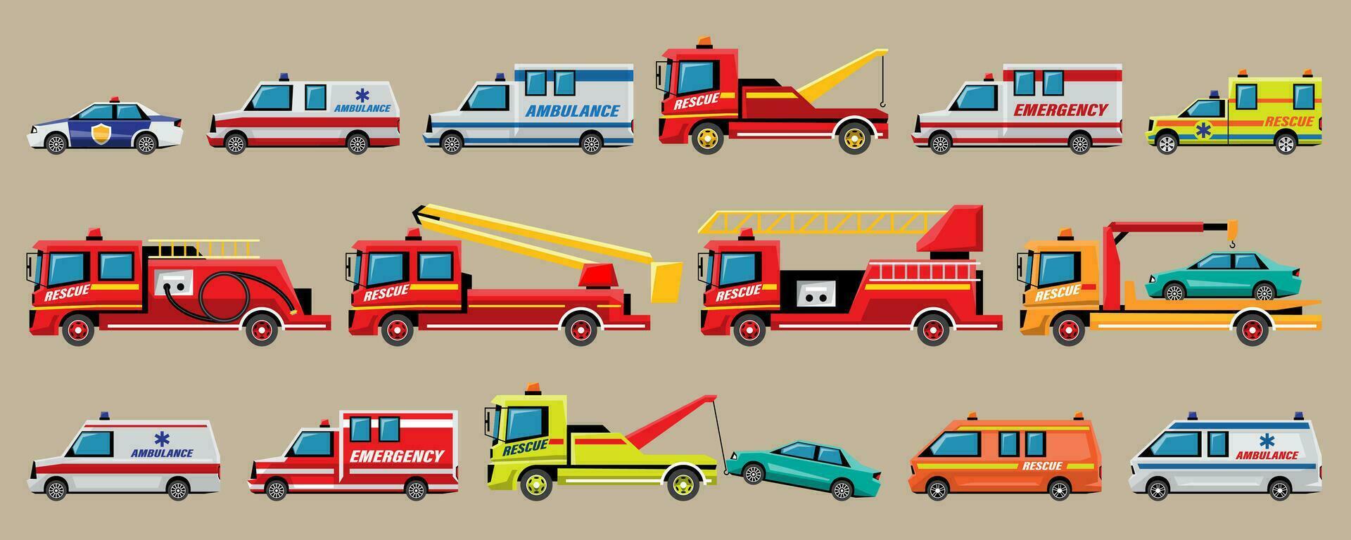 Various Emergency Vehicles, Ambulance, Police Car, Frie Truck, Tow Truck. vector