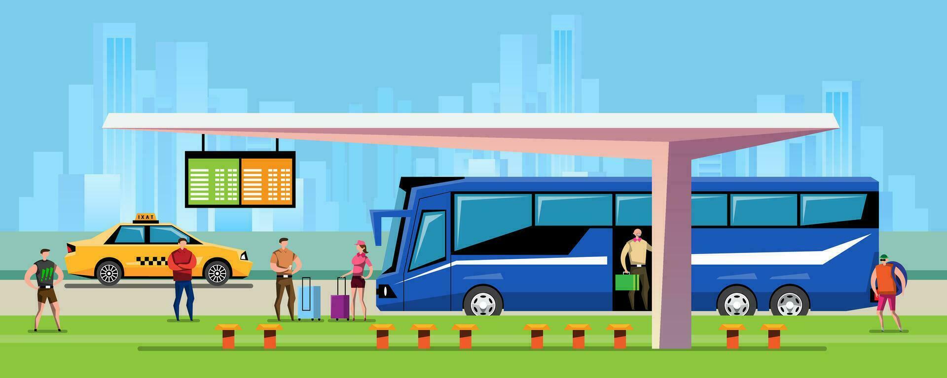 Bus and Taxi at Station. vector