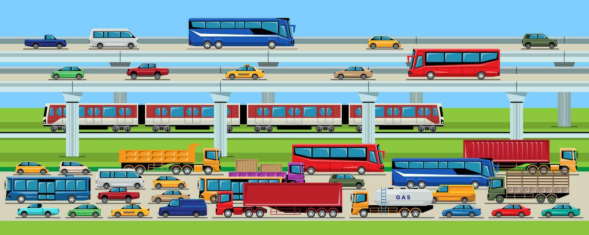 Transport Vehicle In The City, Car Bus Van Truck and Train. vector