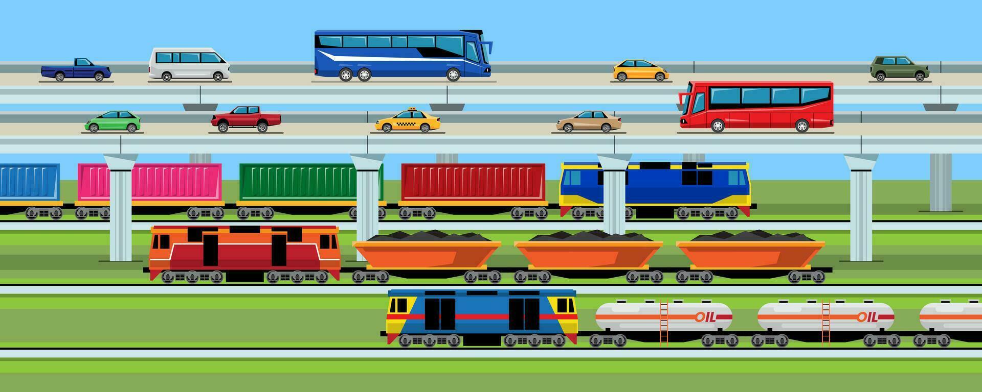 transporte vehículo en el ciudad, coche autobús camioneta camión y tren. vector