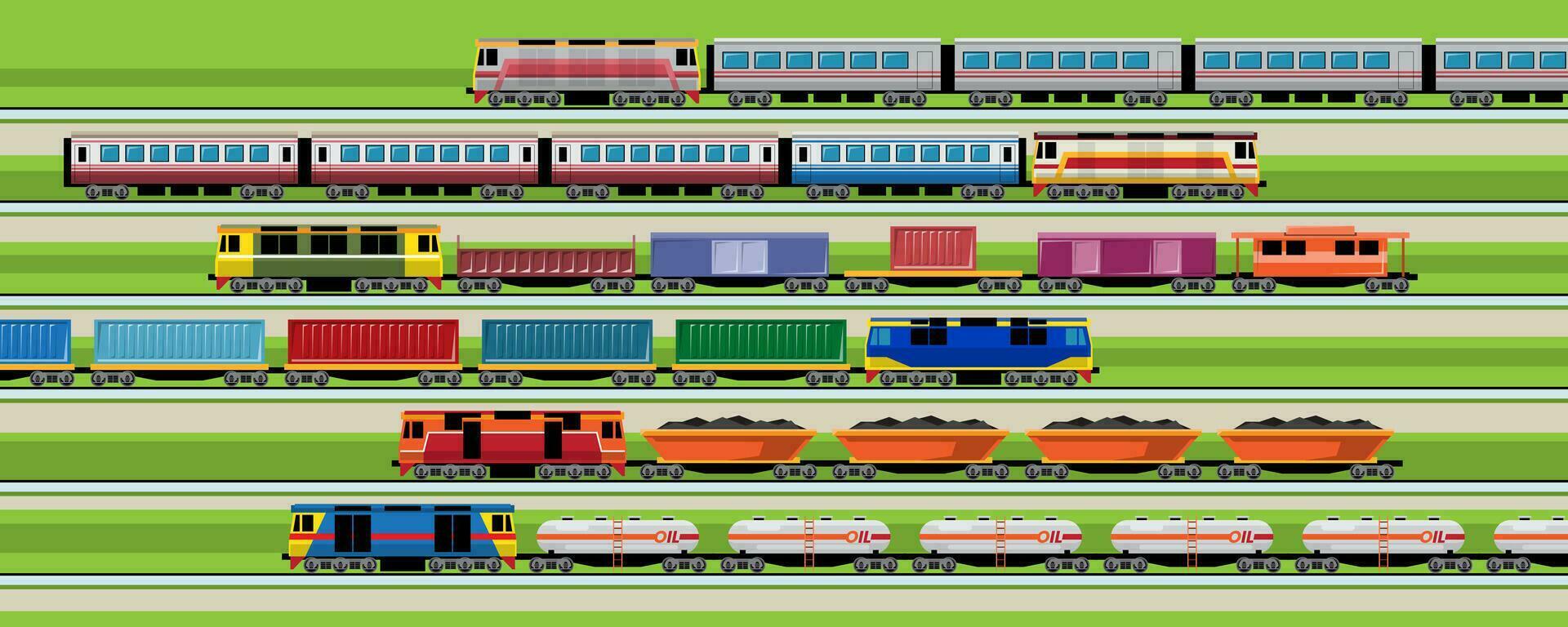 Various Types of Trian, Locomotive Passenger Freight Cargo. vector