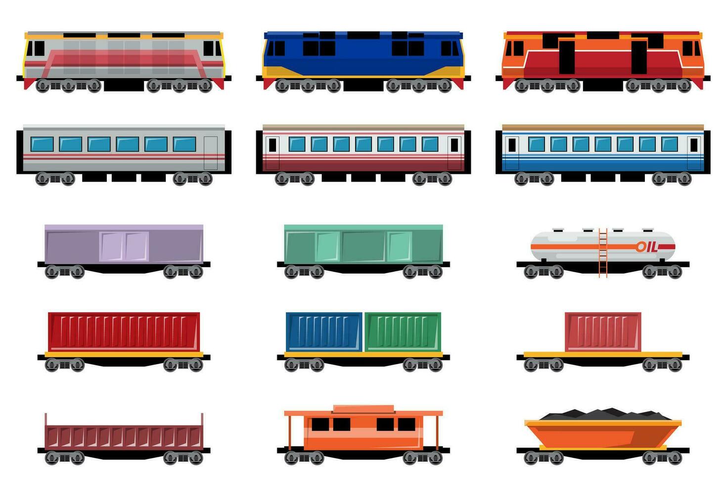 varios tipos de locomotora y vagón. vector