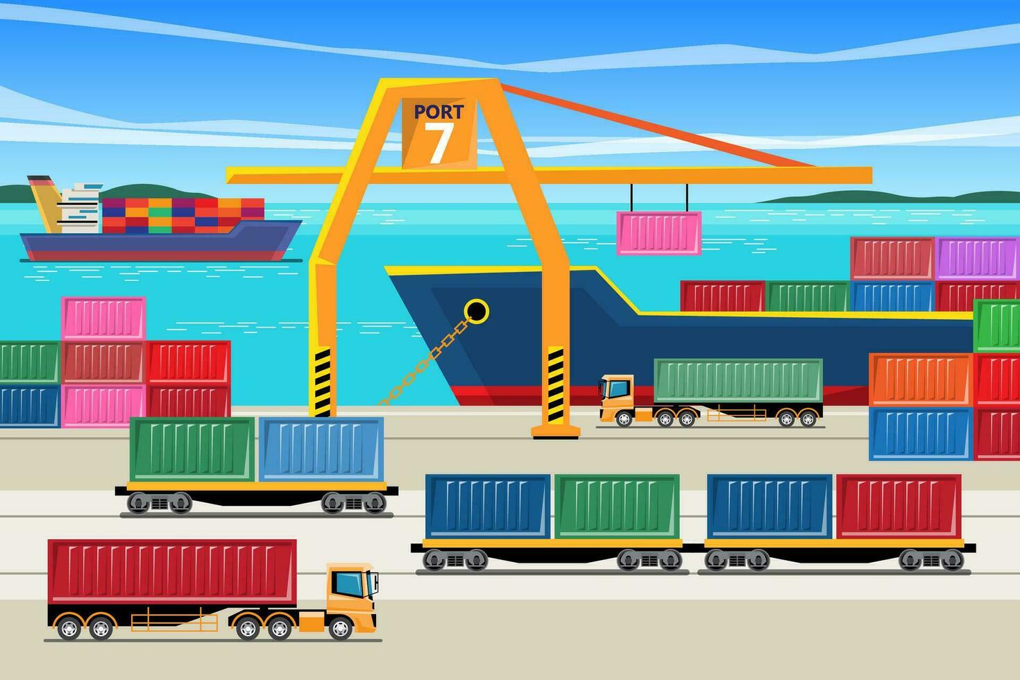 Transport Vehicle Logistic at Container Port, Truck Train and Ship. vector