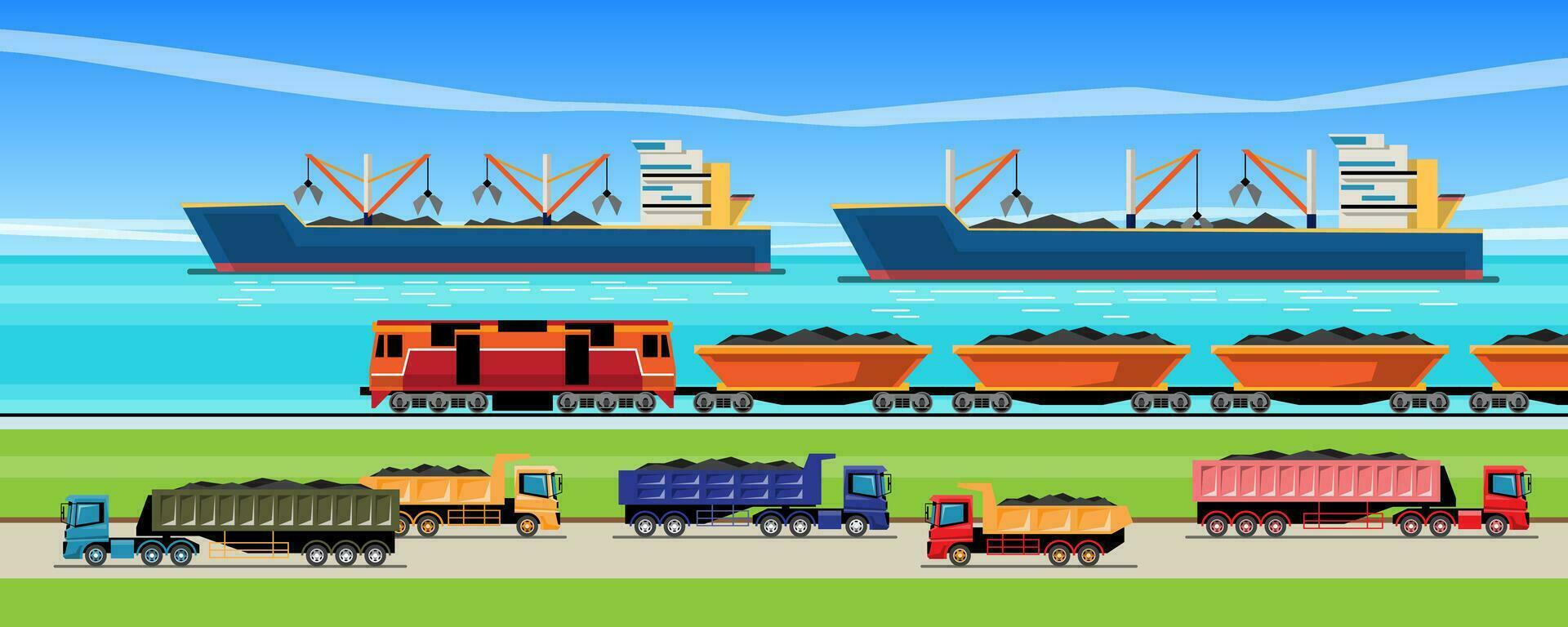 mineral transporte vehículo logístico, camión remolque tren y barco. vector