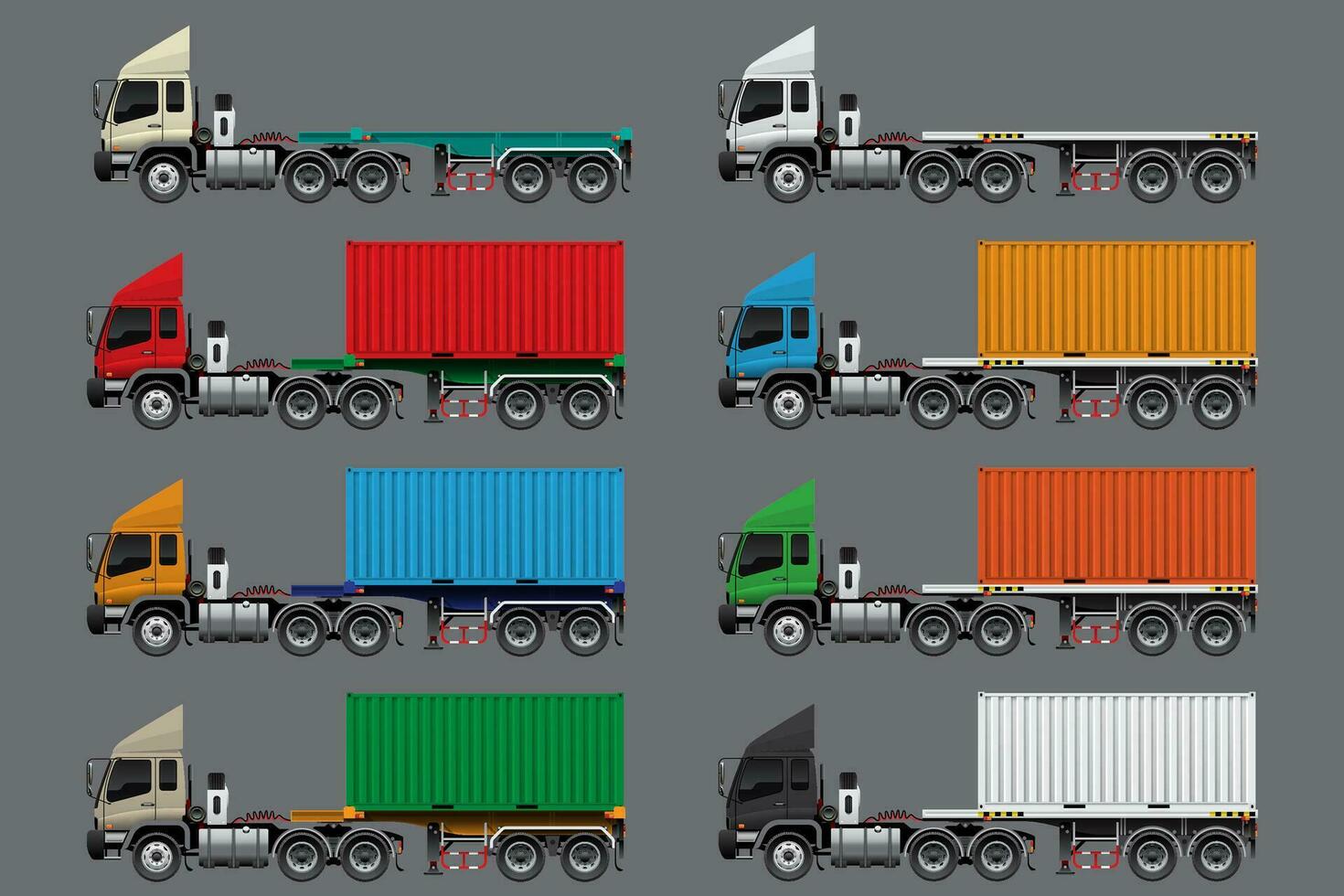 Set of Semi-trailer Flatbed Truck Load 20 Ft Container. vector