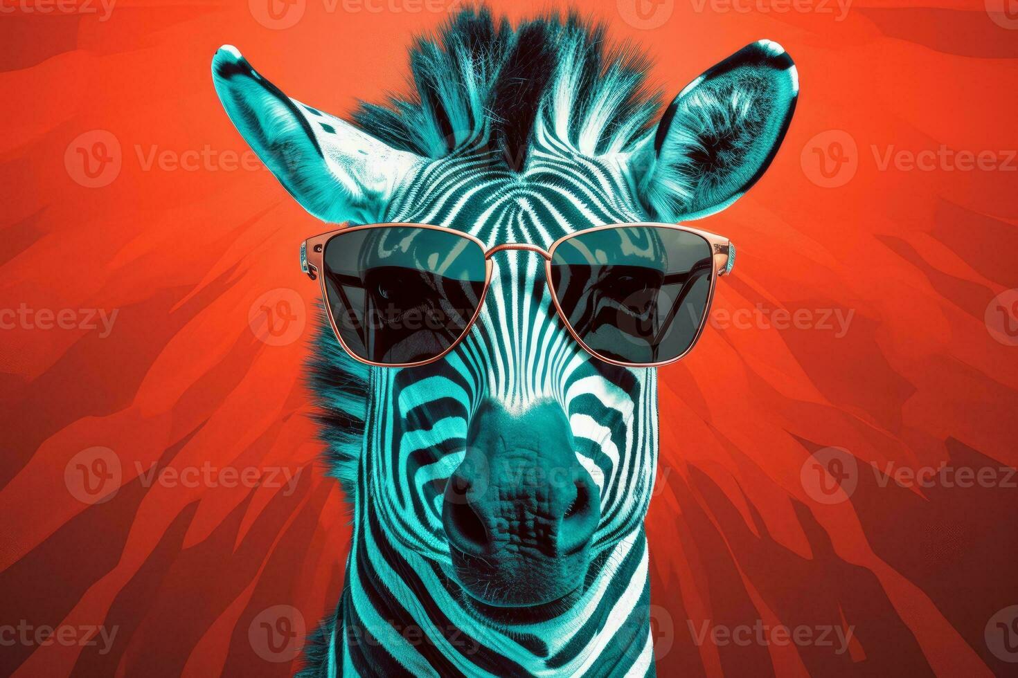 ai generative Fashionable portrait of a zebra in sunglasses on a red background. photo