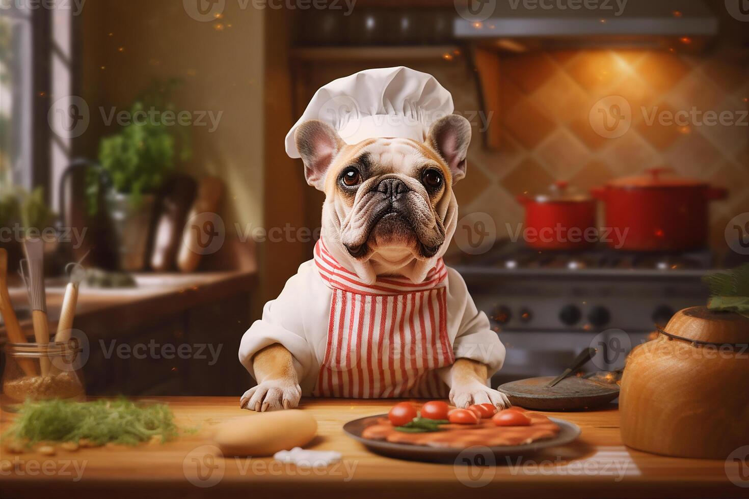 French Bulldog in a chef costume, showcasing culinary humor in the kitchen setting. Copy space Perfect for food-related projects and entertainment-themed designs, photo